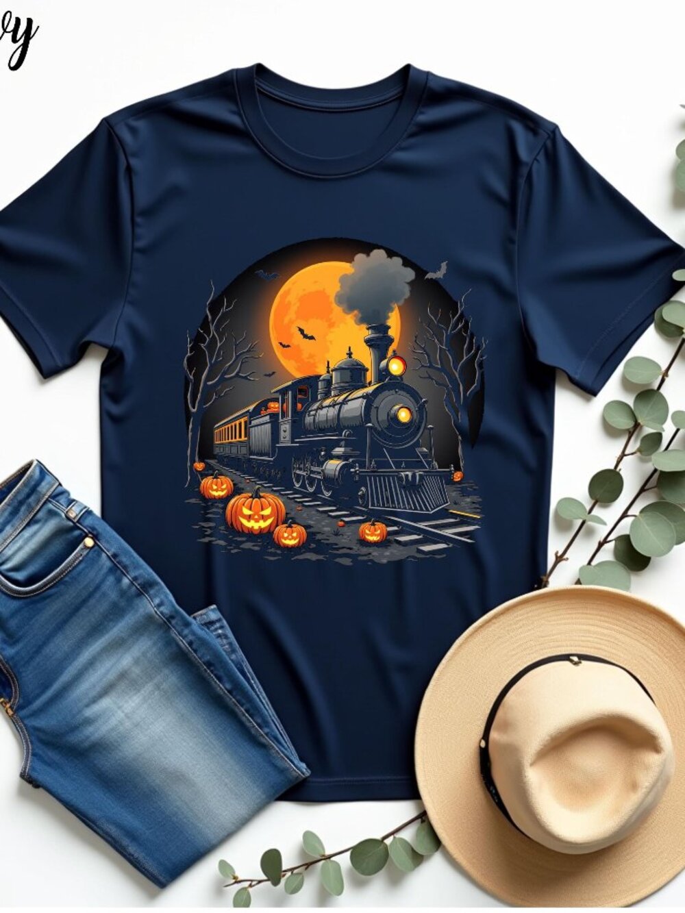 Halloween Train T-Shirt with Jack O Lantern Pumpkins, Retro Spooky Costume Shirt